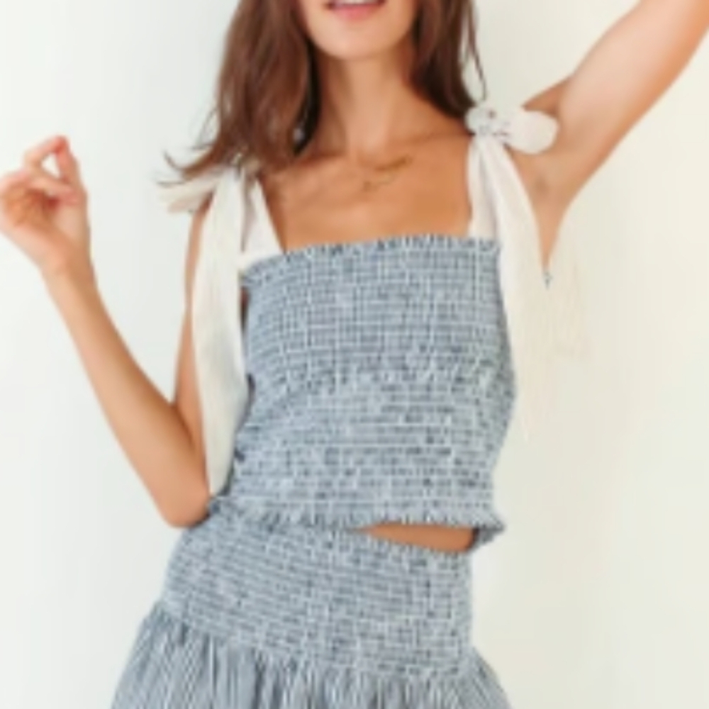 M Koch‎ Smocked Cece Blue Smocked Top w/ Tan Stripe Shoulder Ties